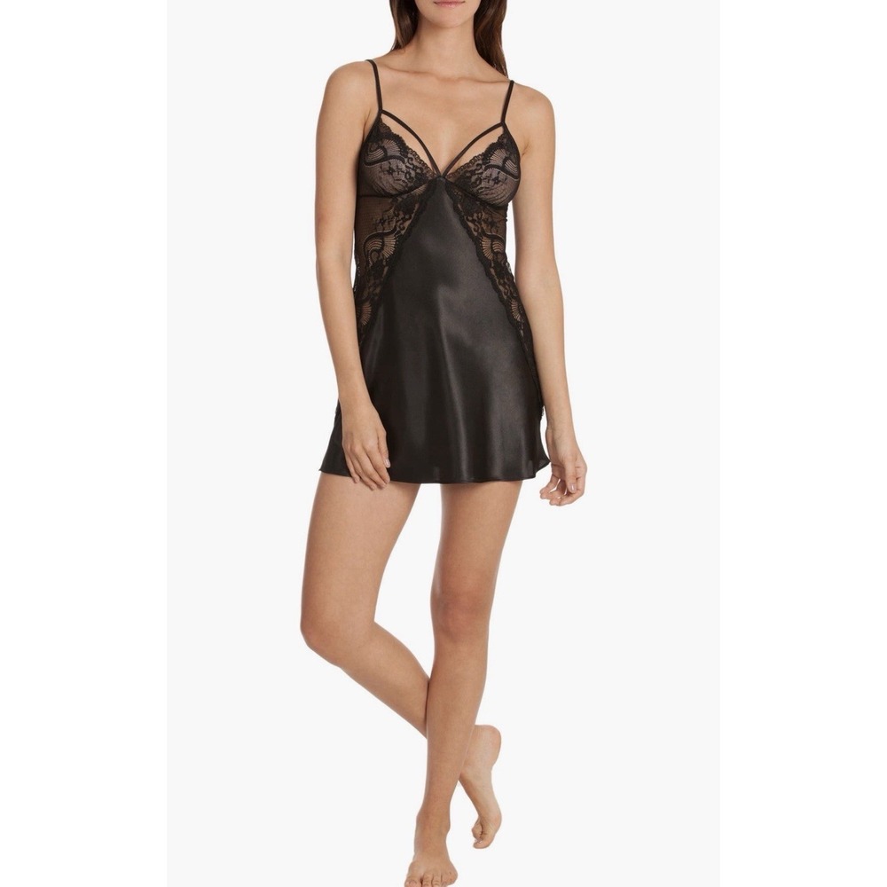 NWT In Bloom By Jonquil Black Satin Lace Babydoll Chemise Slip Dress Sz S